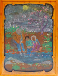 chalkboard drawing of an adult with grey hair and two children with their feet in a stream