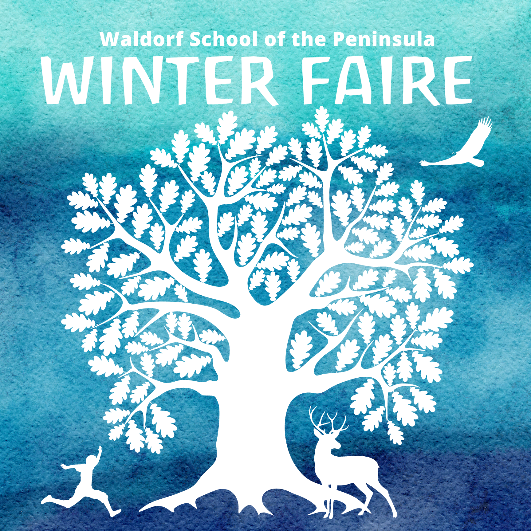 Watercolor image of an oak tree with Waldorf School of the Peninsula Winter Faire